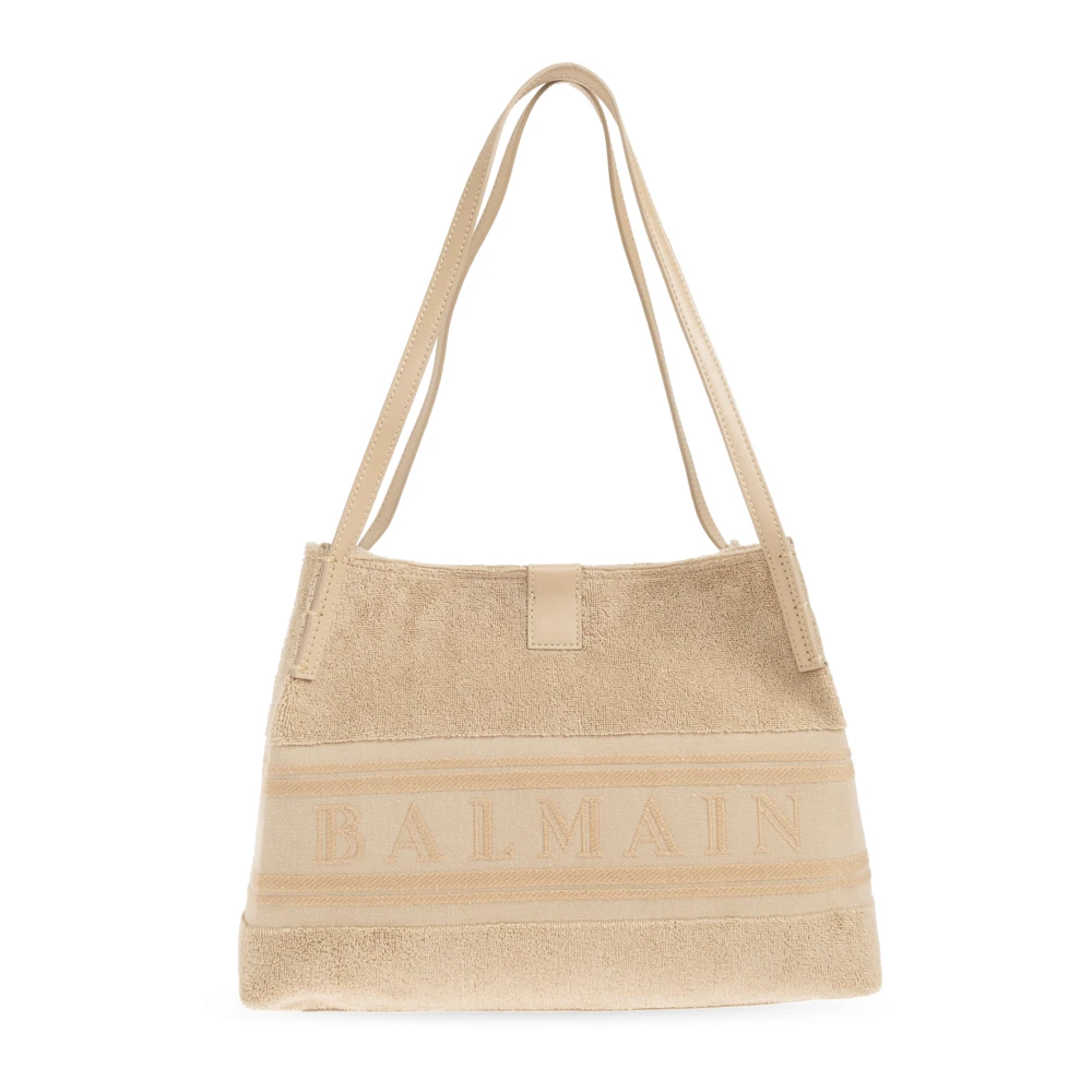 Balmain Donna Beige Borsa Shopper Release Piccola In Cotone Bouclé - Immagine 3