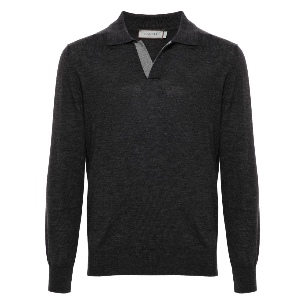 Canali Wollen Polo Shirt Knooploos Design Italië Gray Heren