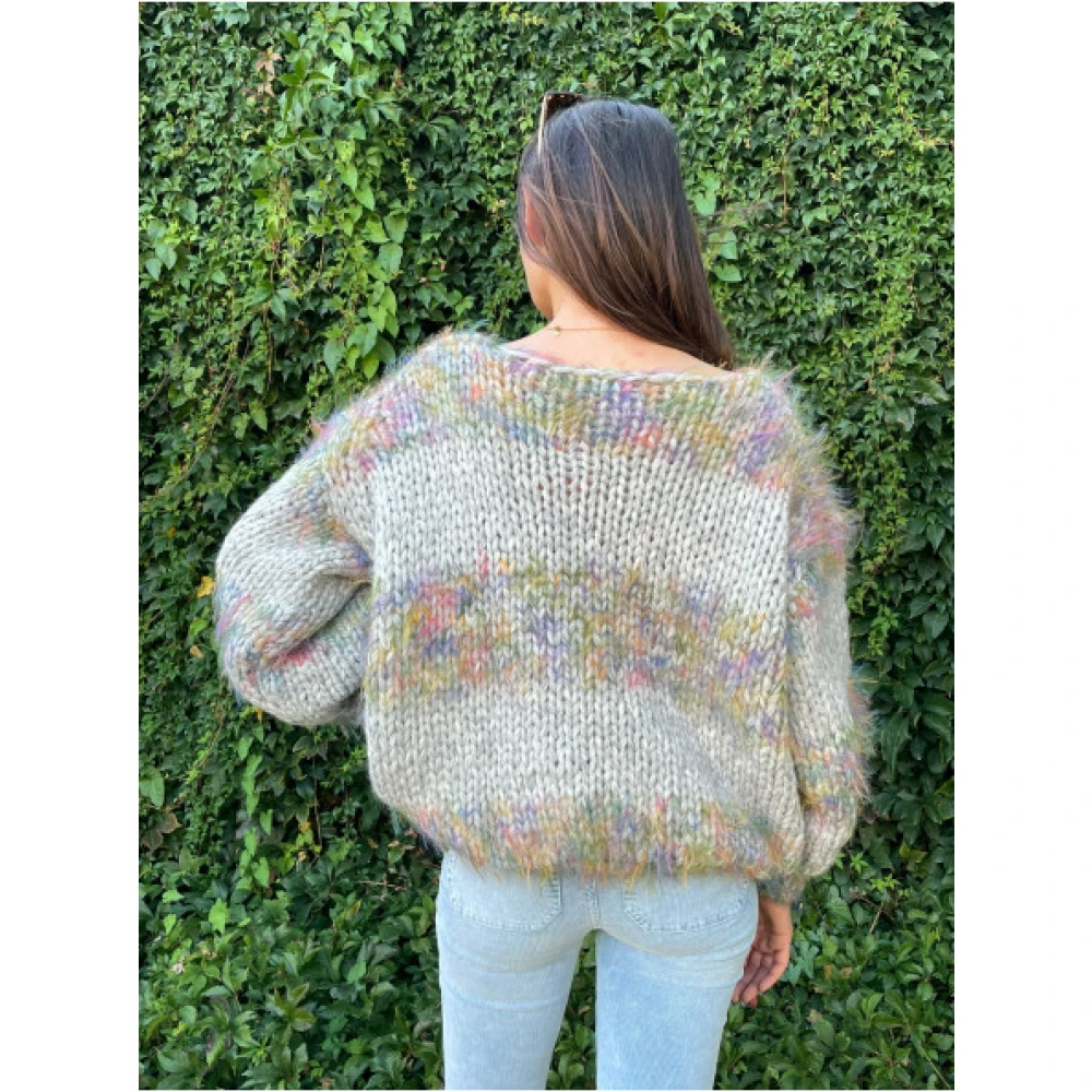 Les tricots d'O V-hals Alpaca Trui met Ballonmouwen Gray Dames