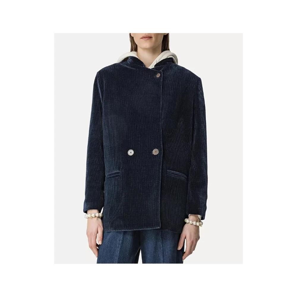 Forte Fluwelen Geribbelde Jas met Mao Kraag Blue Dames