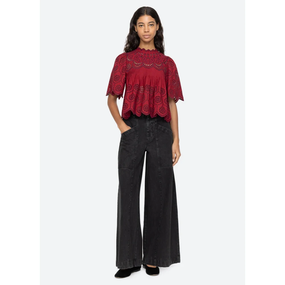 Sea NY Geborduurde top met korte mouwen en pofmouwen Red Dames
