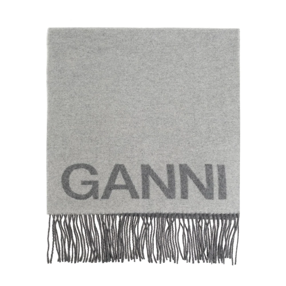 Ganni Grijze Wol Logo Print Sjaal Gray Dames