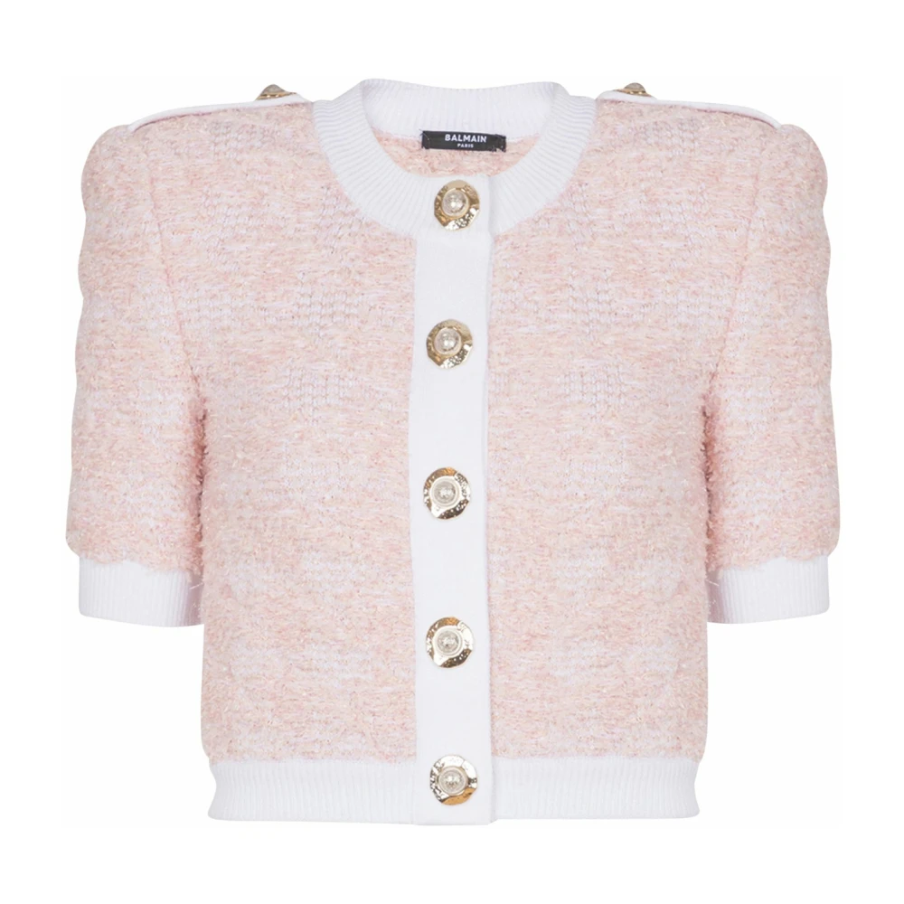 Balmain Donna Rosa Cardigan A Maniche Corte In Maglia