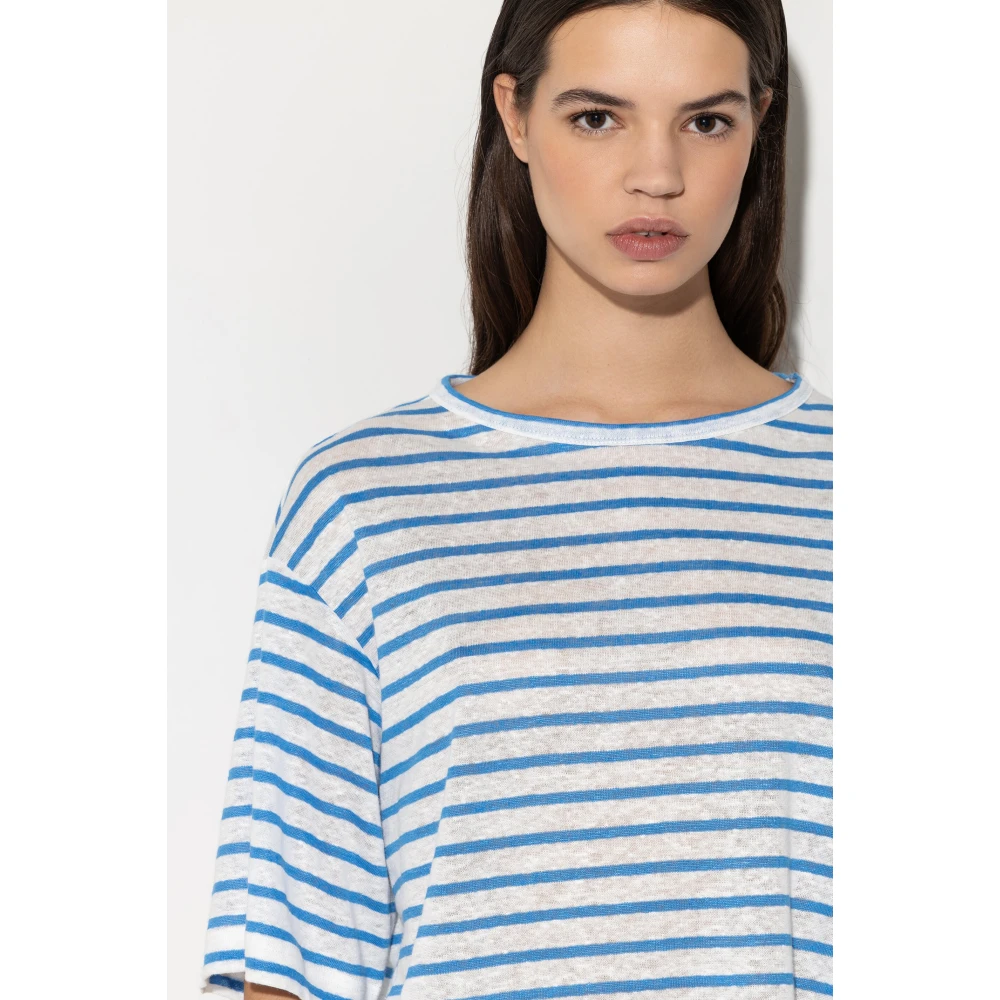 LUISA CERANO Gestreept Linnen T-Shirt Blue Dames