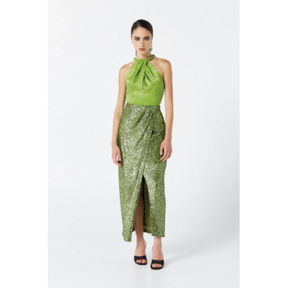 Nenette Glitter Midi Rok met Split aan de Voorkant Green Dames