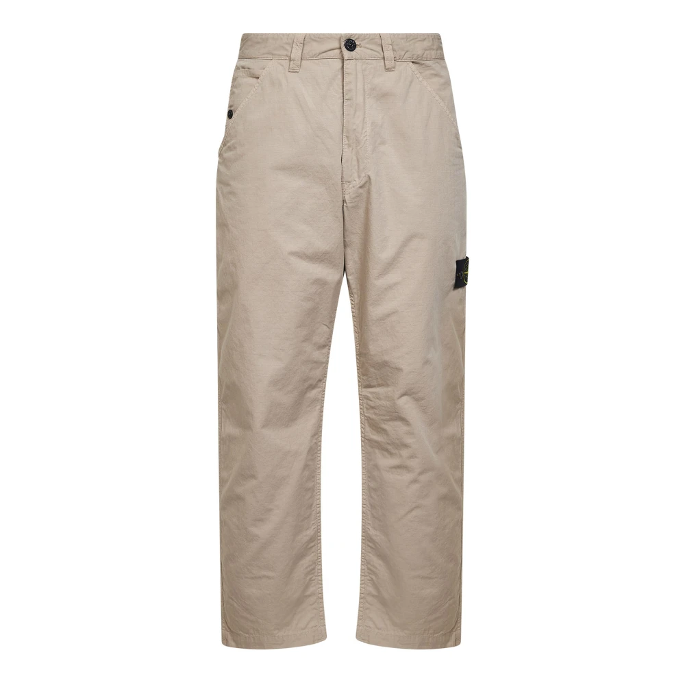 Stone Island Beige Straight Trousers, Male, W34, Straight-Leg Cotton Ripstop Trousers