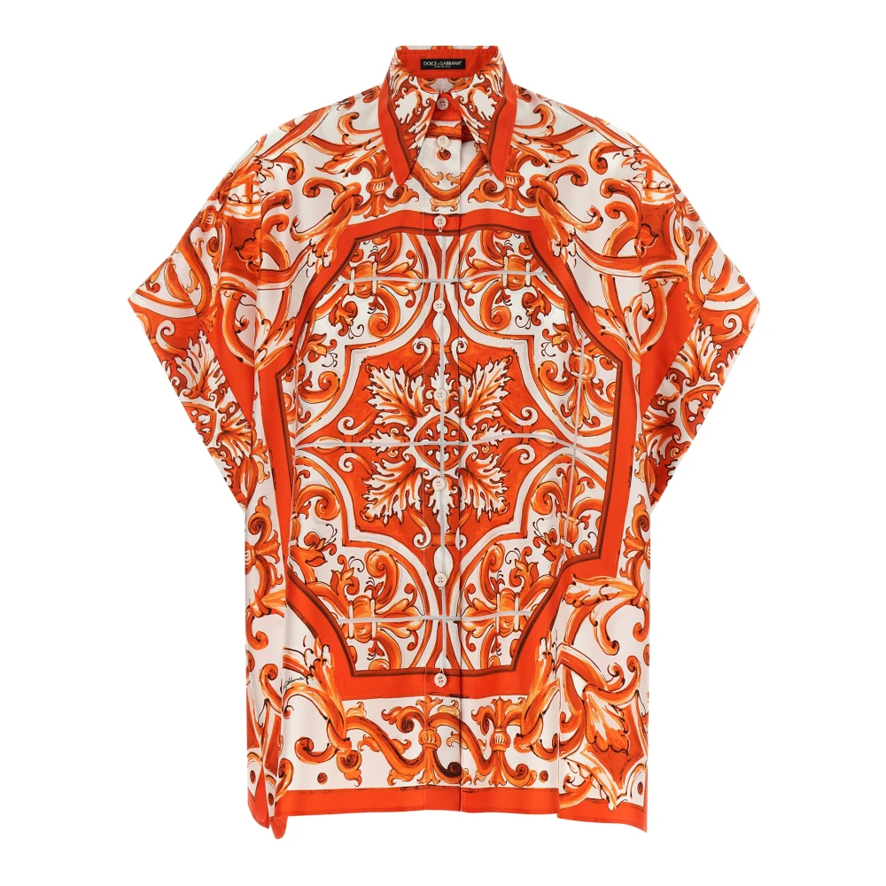 Dolce & Gabbana Orange Blouses, Female, S, Maiolica Printed Silk Shirt