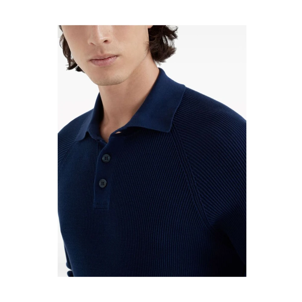 BRUNELLO CUCINELLI Navy Blue Geribbelde Polo Sweater Blue Heren