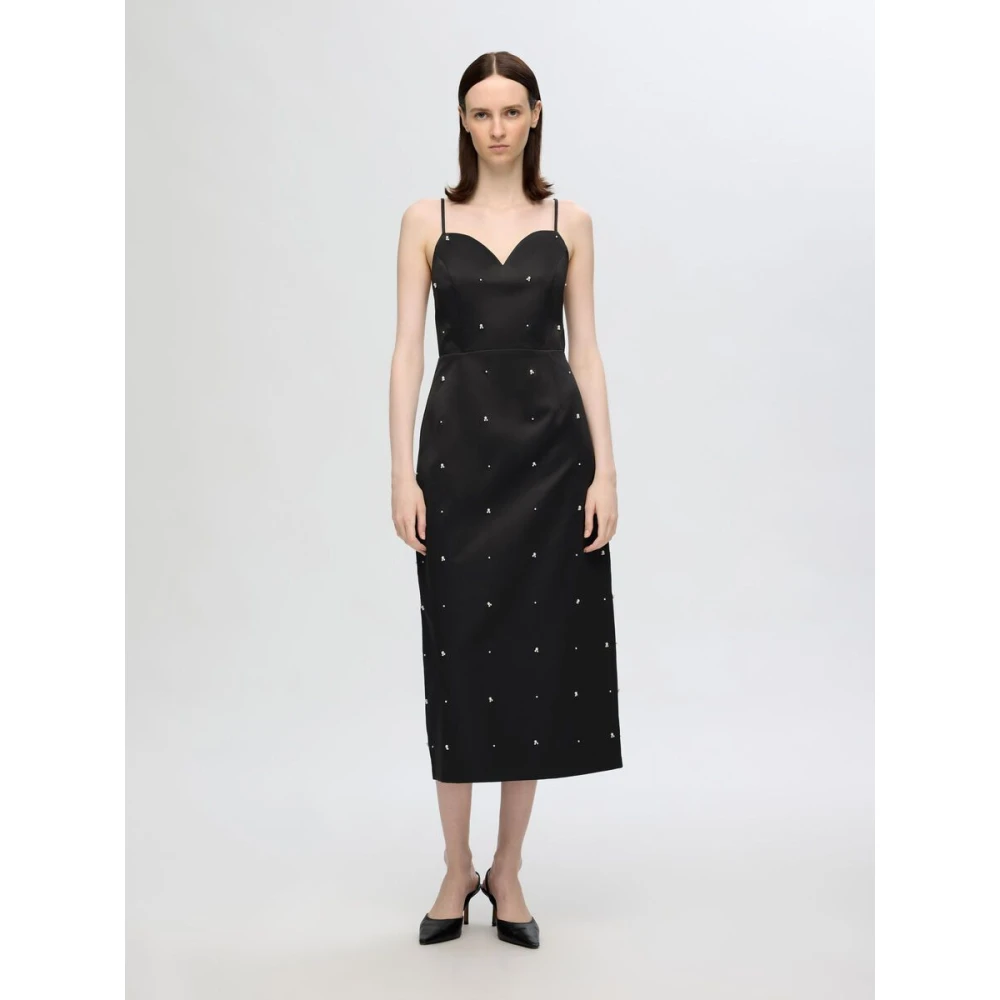 Selected Femme Satin Midi Jurk met Dunne Bandjes Black Dames