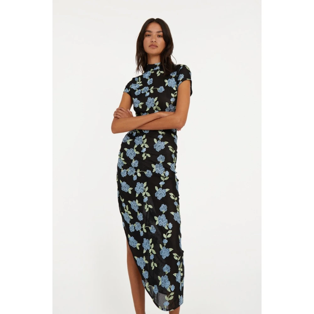 Rotate Birger Christensen Zwarte Mesh Asymmetrische Maxi Jurk Black Dames