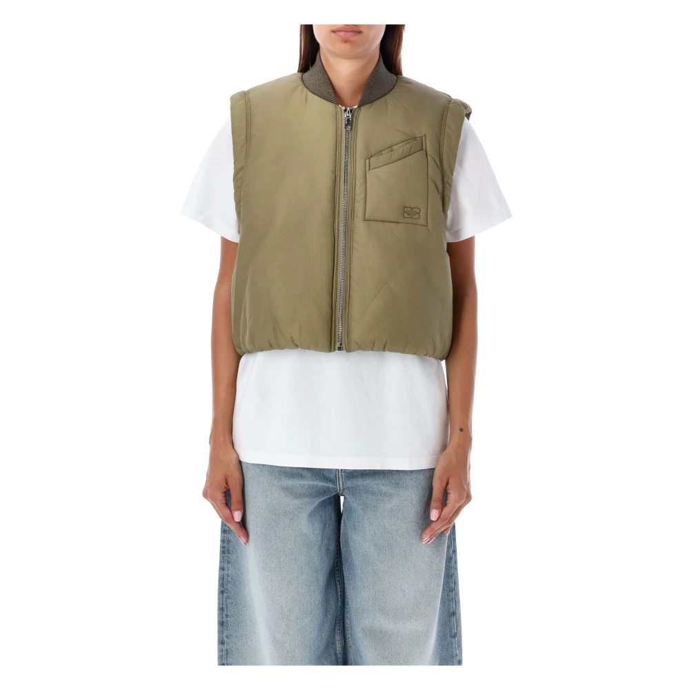 Ganni Groene Gewatteerde Korte Vest Kleding Green Dames