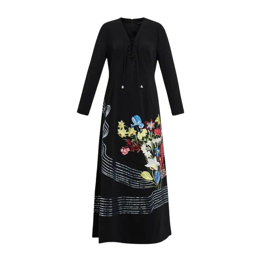 Marina Rinaldi Bloemen Maxi Jurk met Gestreepte Details Black Dames