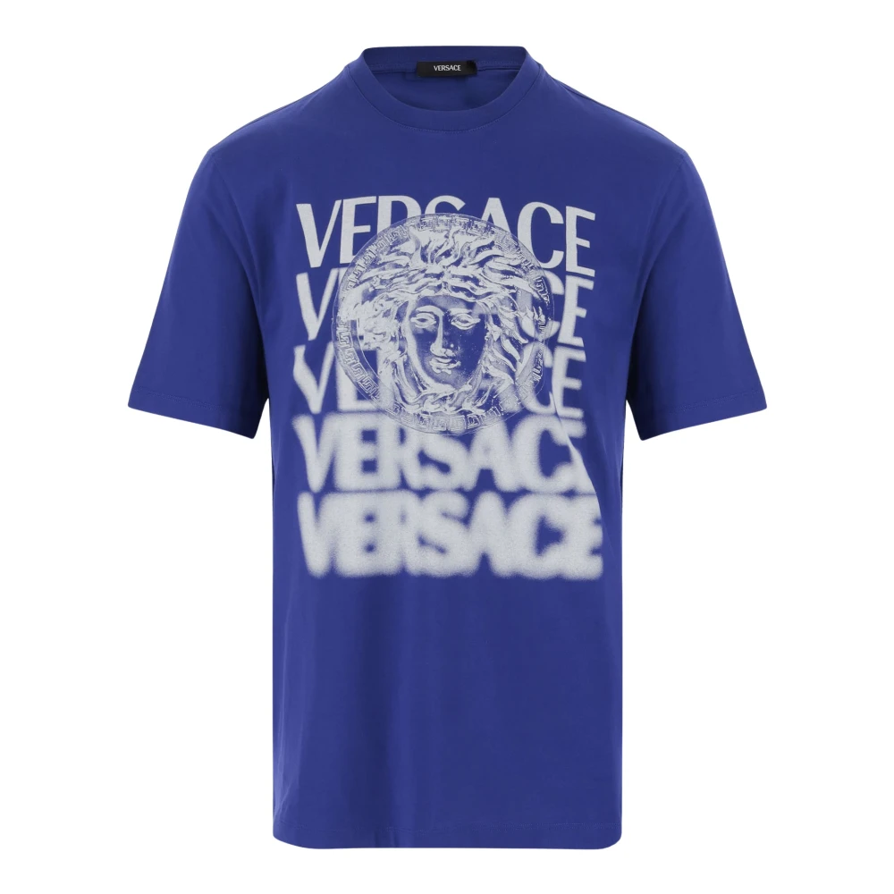 Versace Katoen Crew Neck Logo Print T-shirt Blue Heren