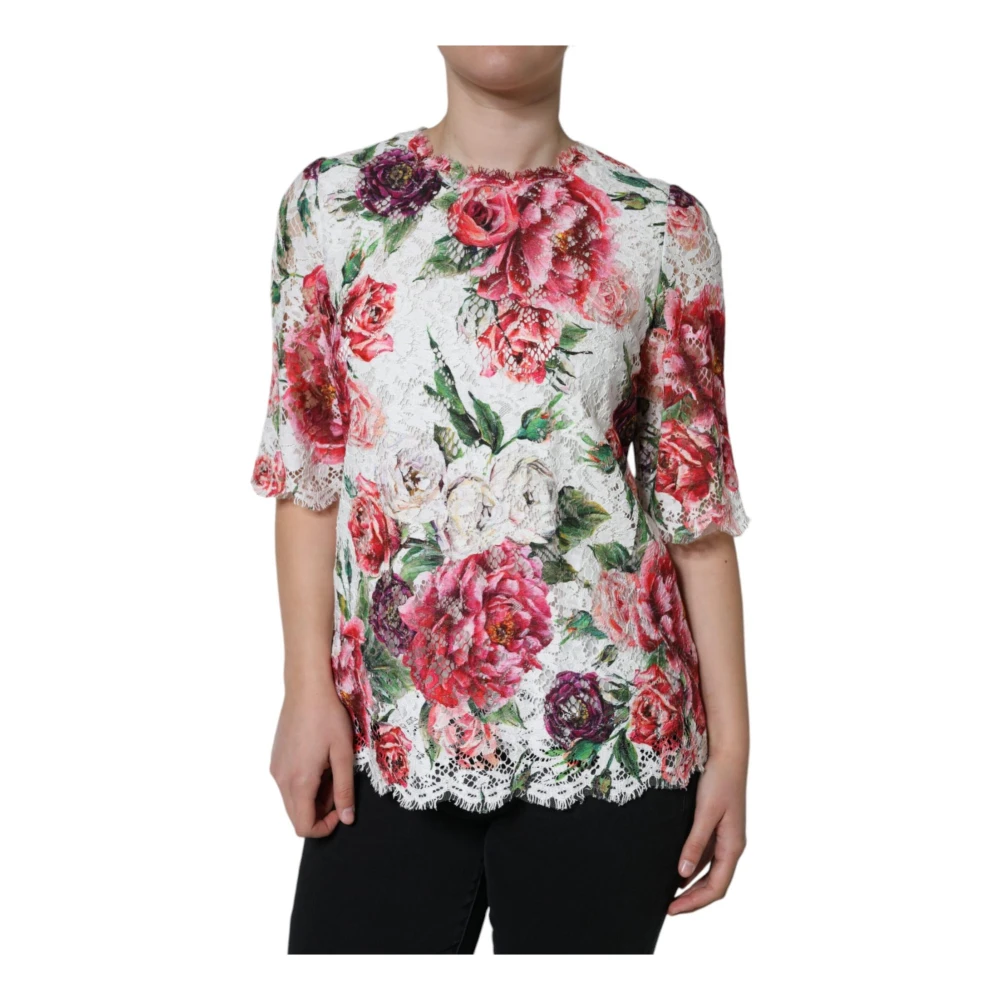 Dolce & Gabbana Witte Bloemenkanten Blouse met Zijde Multicolor Dames