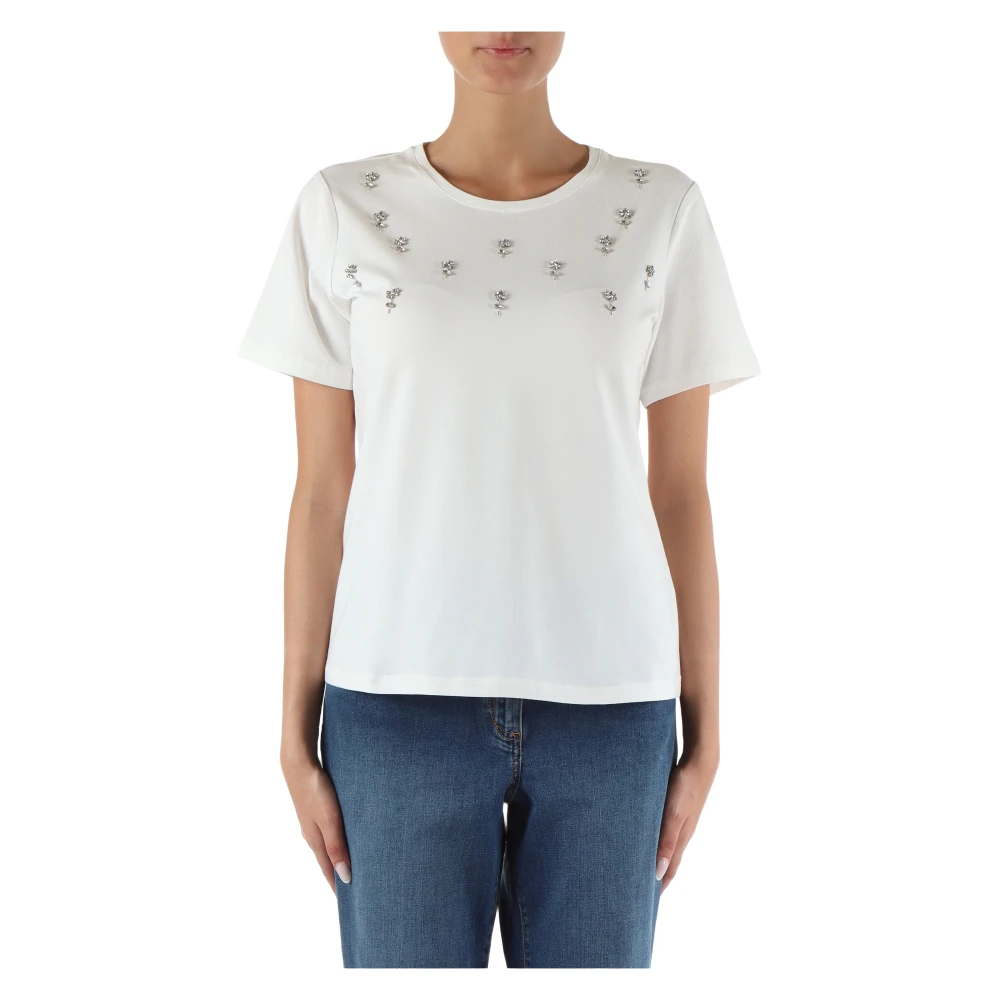 Elena Mirò Stretch katoenen T-shirt met strass White Dames