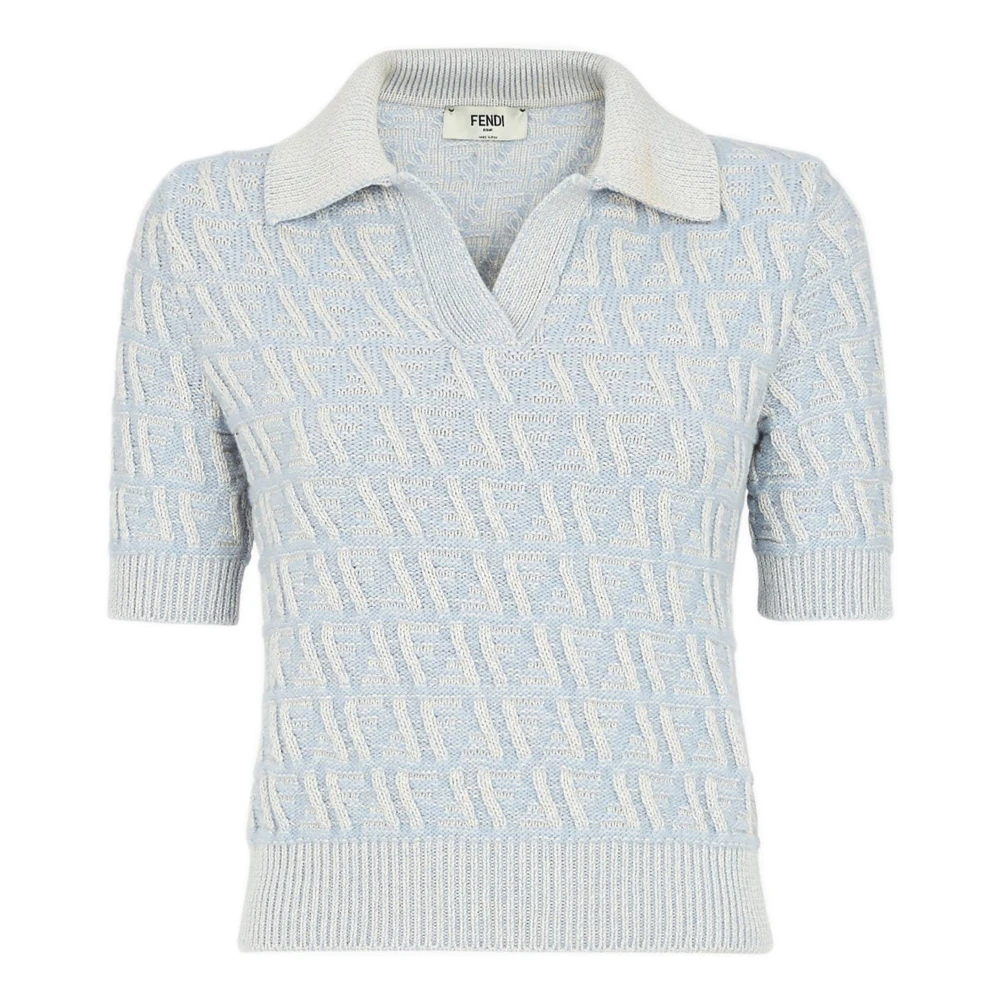 Fendi Blauwe Jacquard Sweater Geribbelde Kraag Blue Dames