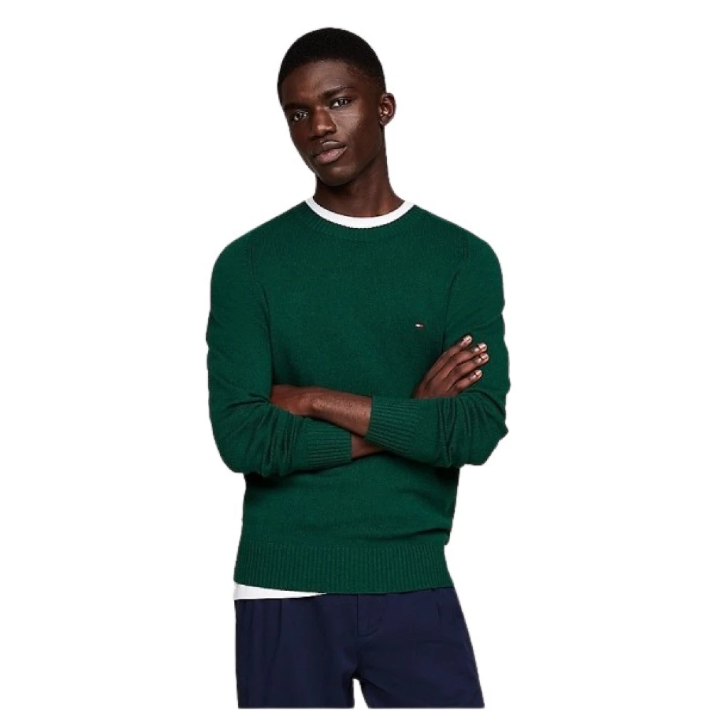 Tommy Hilfiger Men's Green Round-Neck Knitwear, L, Round Neck Wool Jumper
