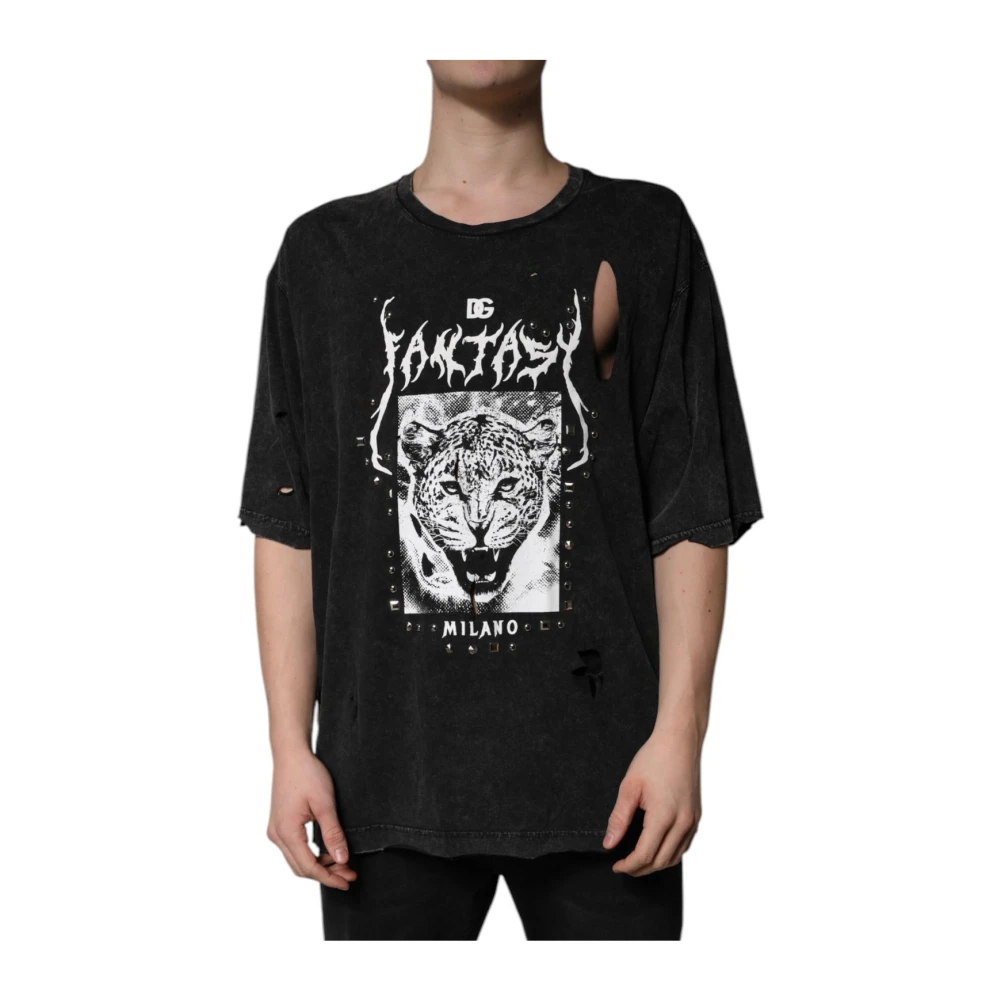 Dolce & Gabbana Men's Black Leopard Graphic Tee Distressed