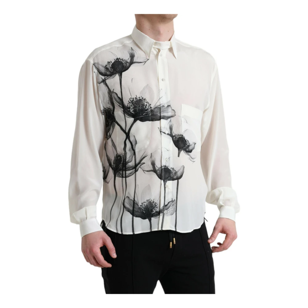 Dolce & Gabbana Zijden Bloemenkraag Jurk Shirt White Heren