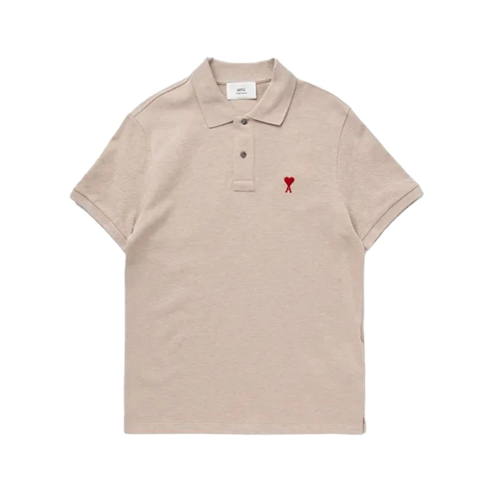 Ami Paris Beige Polo Shirt met Rood Logo Beige Heren