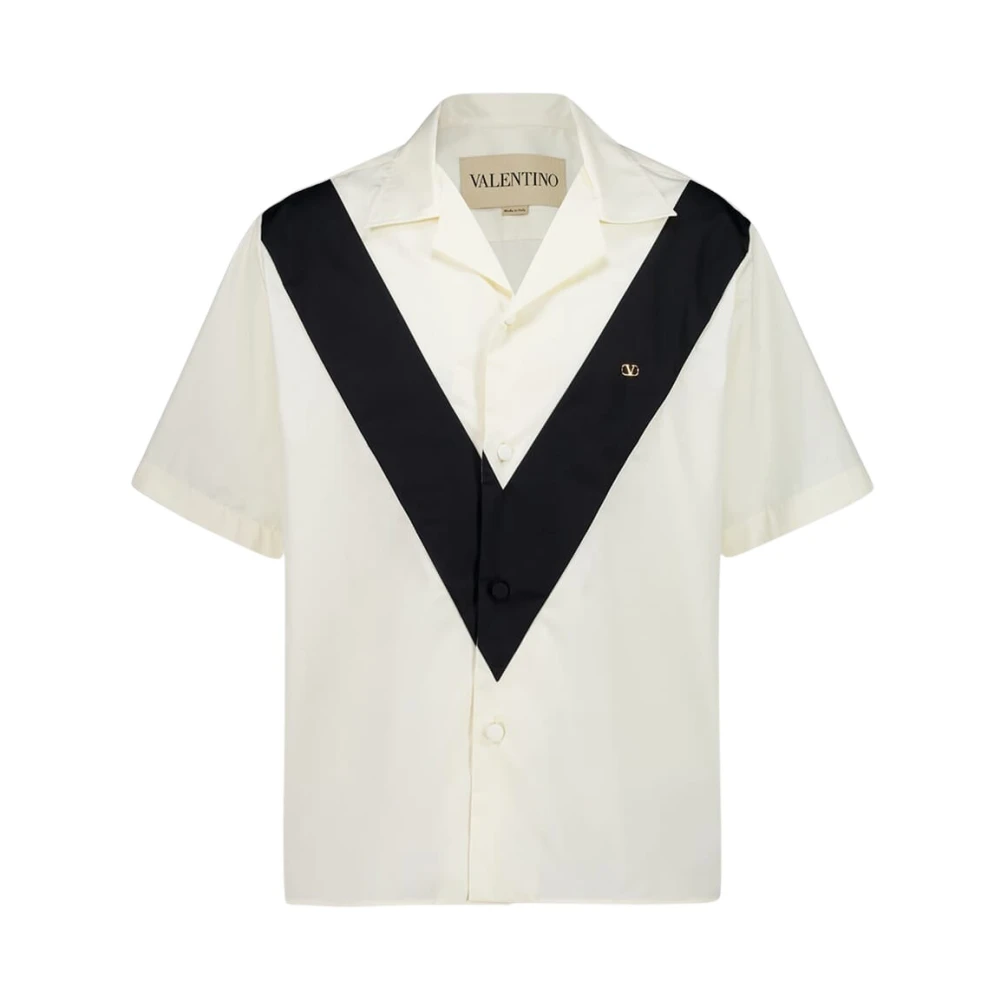 Valentino Garavani White Cotton Poplin Bowling Shirt With Inlaid V And Vlogo Patch - Male - Short Sleeve Shirts - Xl - Shirts