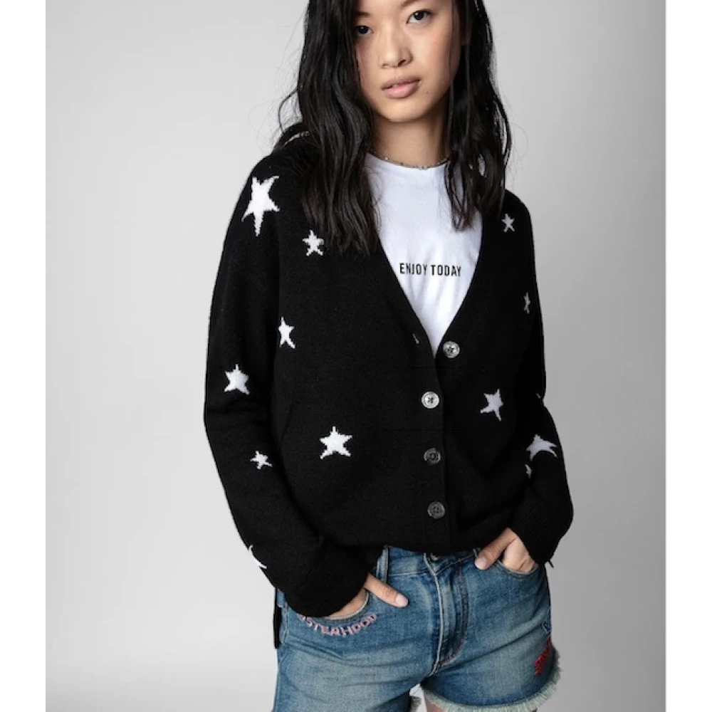Zadig & Voltaire Zwarte Kasjmier Sterrenpatroon Jas Black Dames