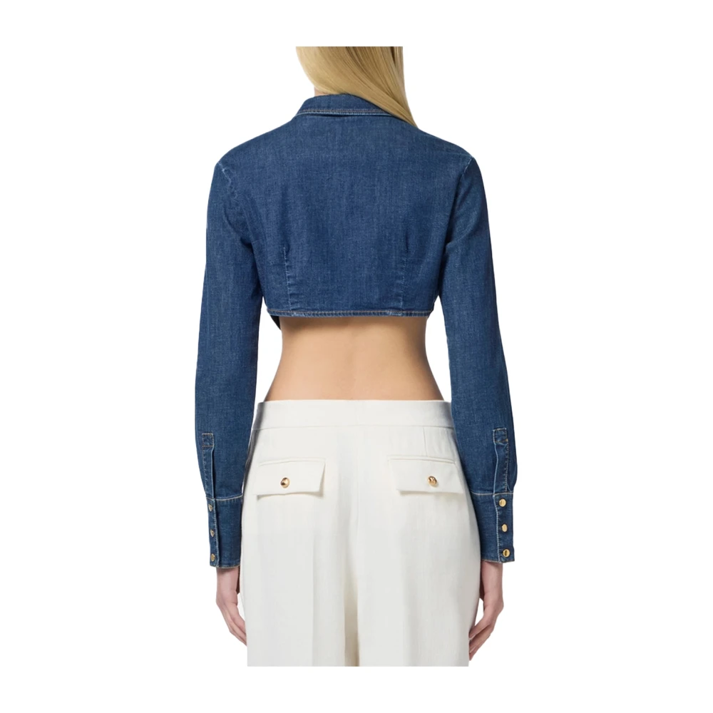 Elisabetta Franchi Denim Cropped Shirt met Juweel Details Blue Dames