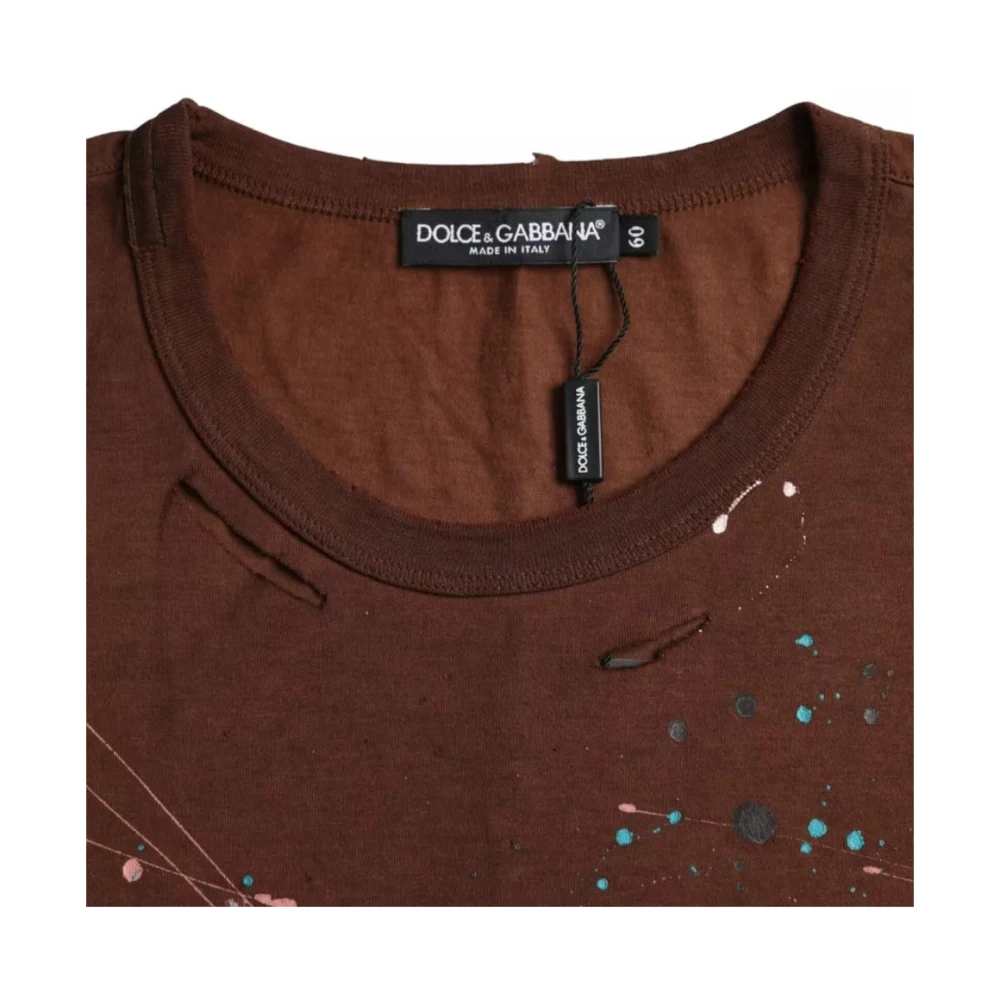 Dolce & Gabbana Bruin Katoenen T-shirt met Kleurspetters Brown Heren