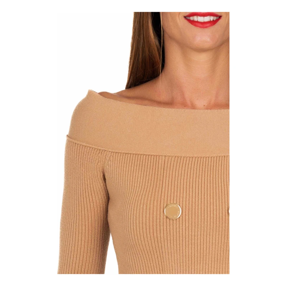 Elisabetta Franchi Kameel Gebreide Mini Jurk Jas Brown Dames