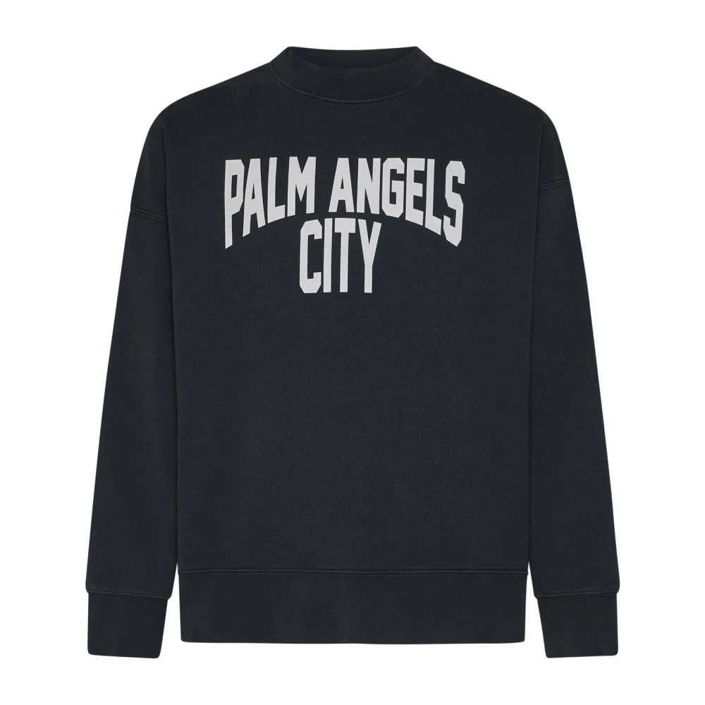 Palm Angels Logo Print Crew Neck Sweaters Gray Heren