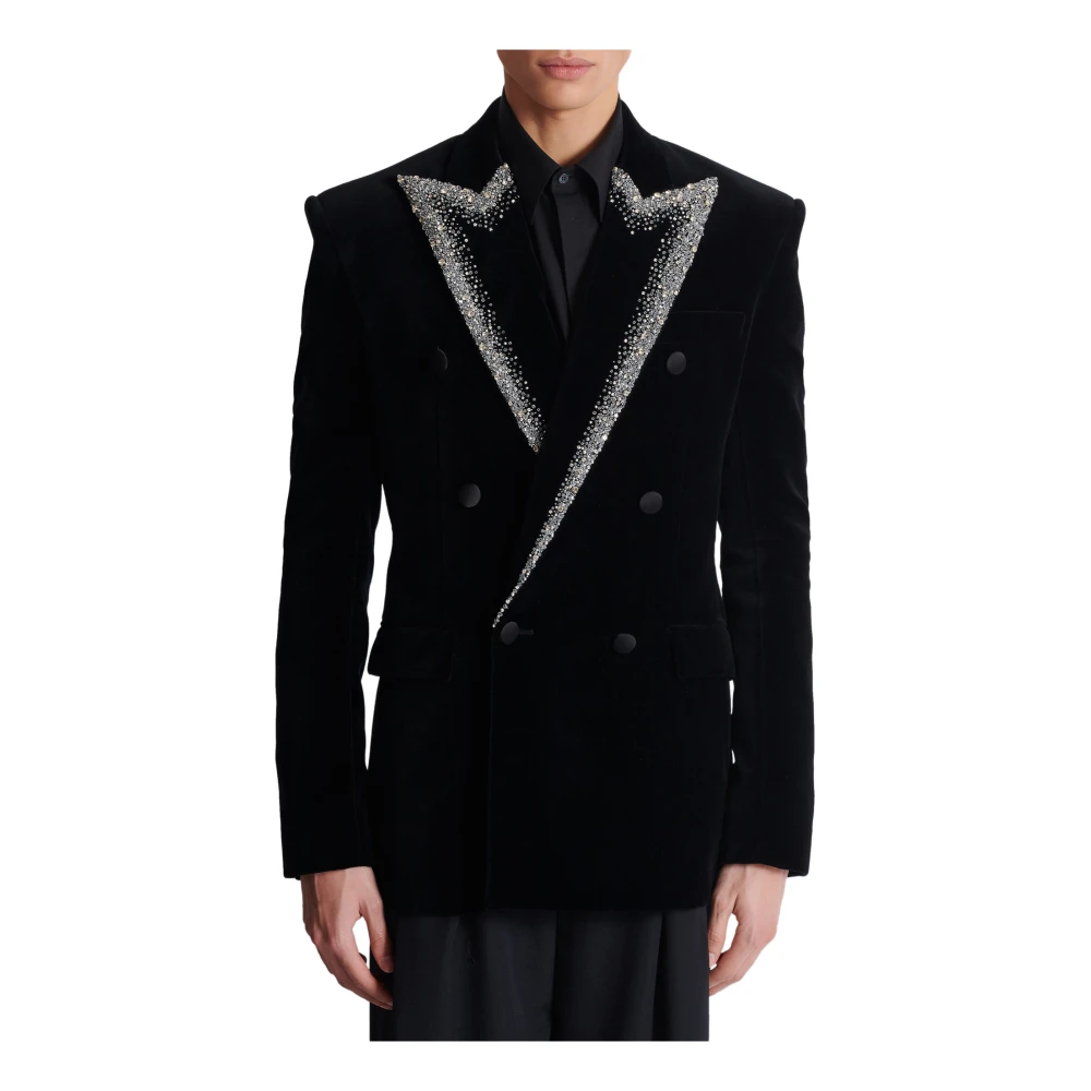 Balmain Fluwelen jas met geborduurde kraag Black Heren