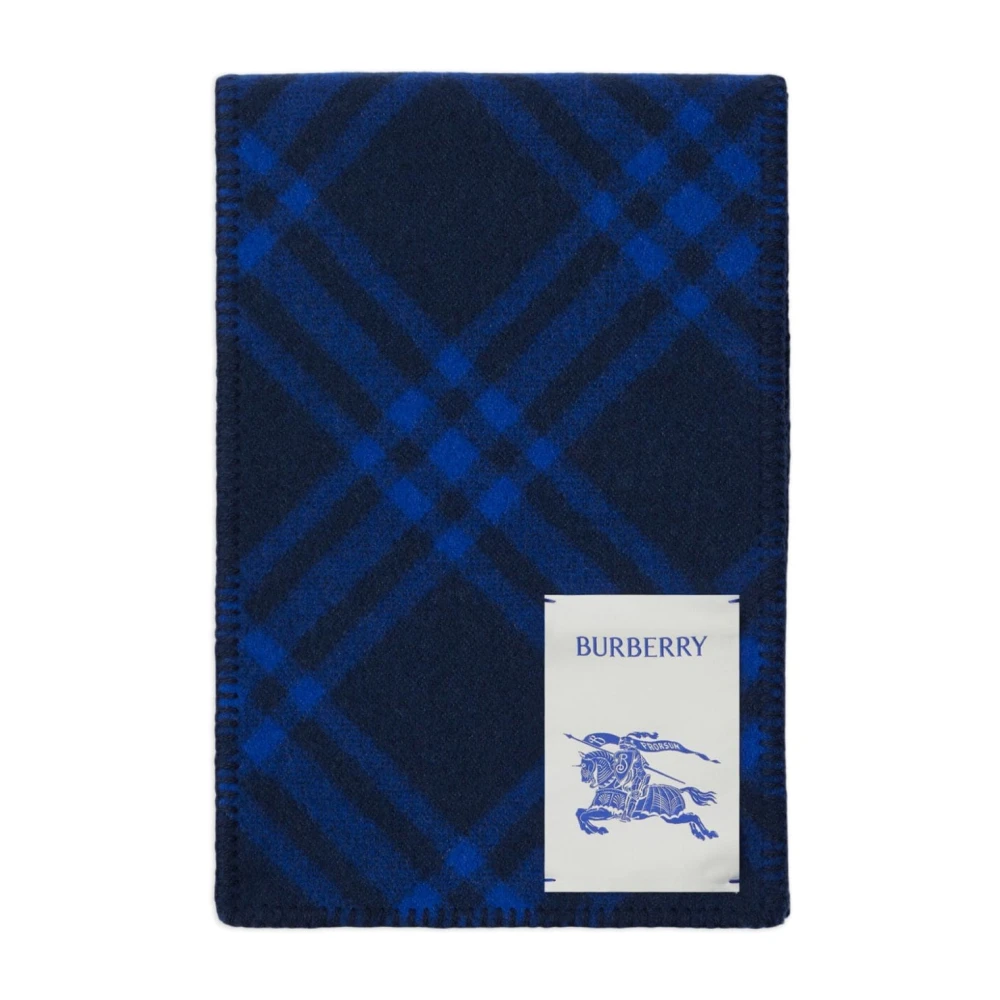 Burberry Geruit Wol Logo Patch Sjaal Blue Unisex
