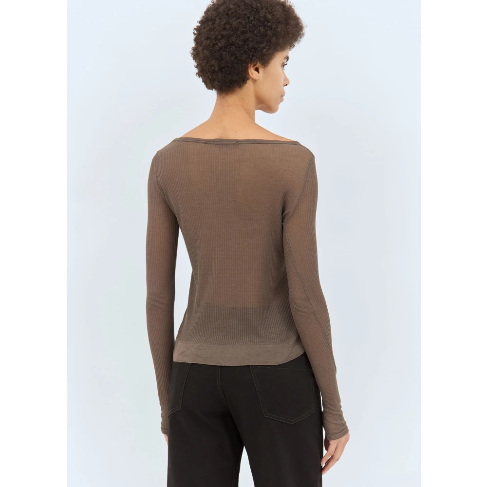 Lemaire Geribbelde Lange Mouw Boothals Top Brown Dames