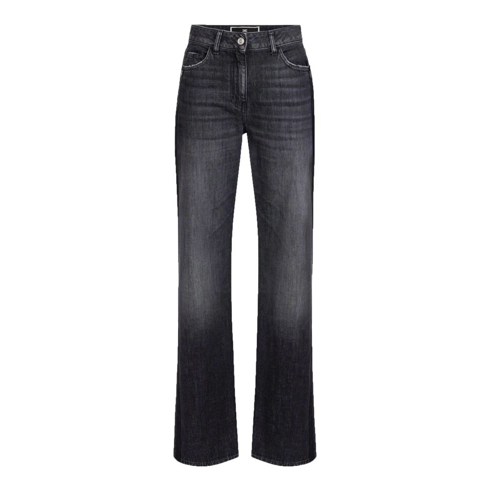 Elisabetta Franchi Wijde katoenen jeans met satijnen banden Black Dames