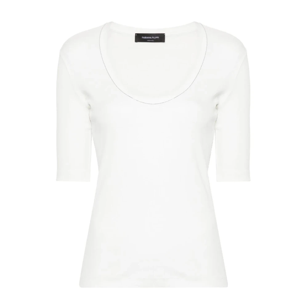 Fabiana Filippi Wit Katoenen U-Hals T-Shirt met Lichtpunt Details White Dames