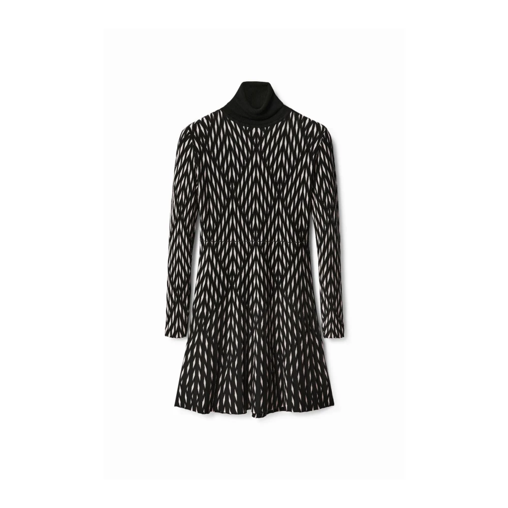 Desigual Black Geometric Knit Turtleneck Mini Dress - Female - Knitted Dresses - Xs - Dresses