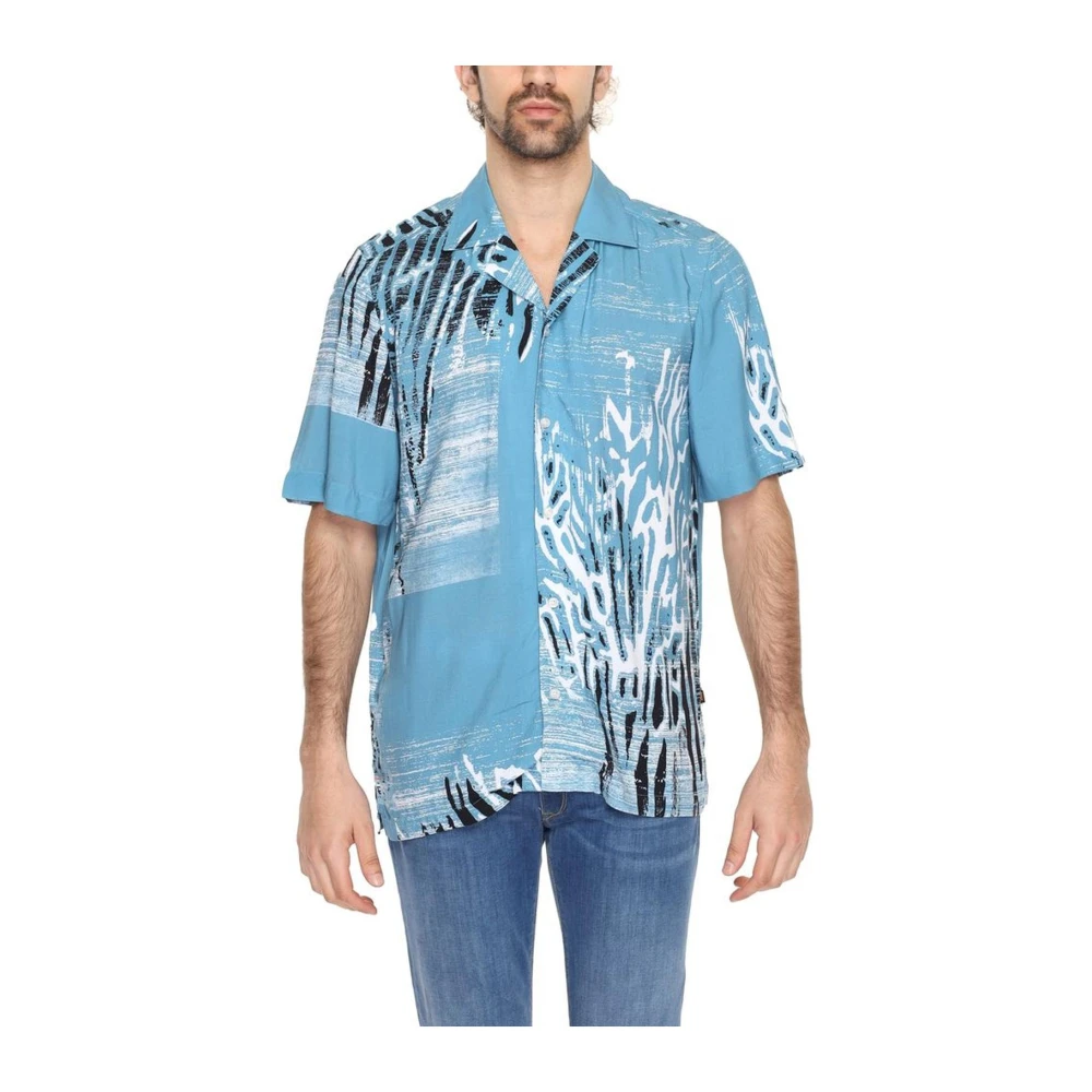 Hugo Boss Blauw korte mouw viscose overhemd Blue Heren