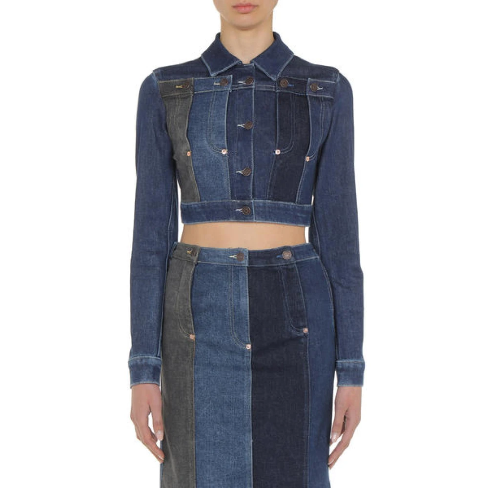 Moschino Patchwork Cropped Denim Jacket Blue Dames