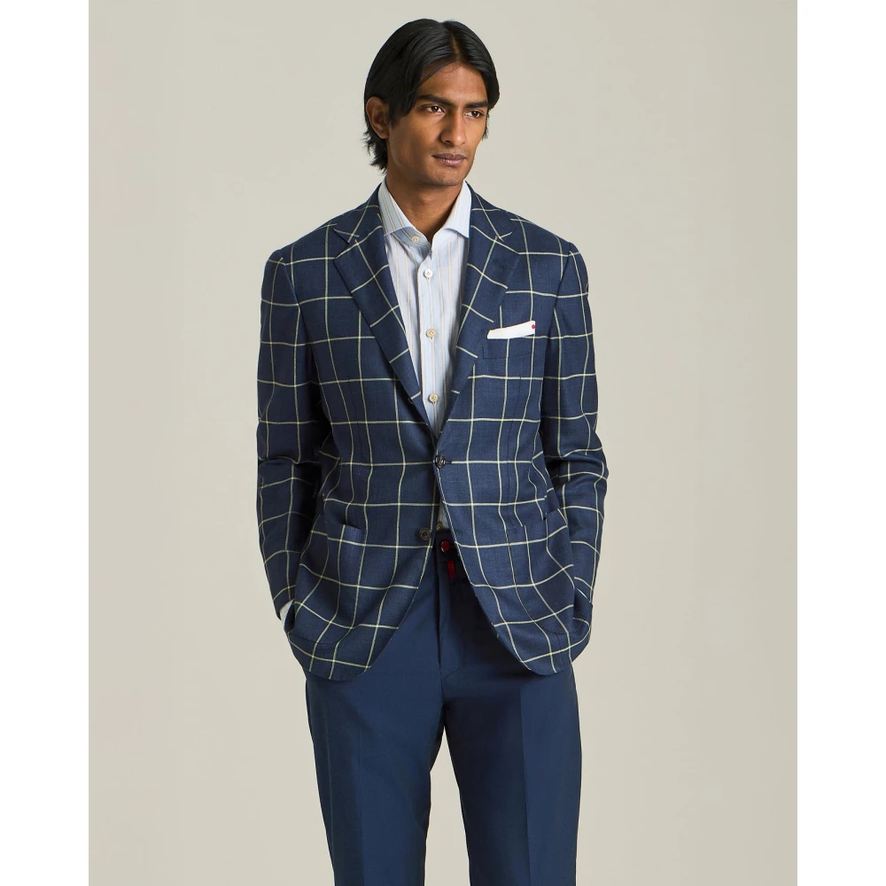 Kiton Geruite Cashmere Blend Blazer Blue Heren