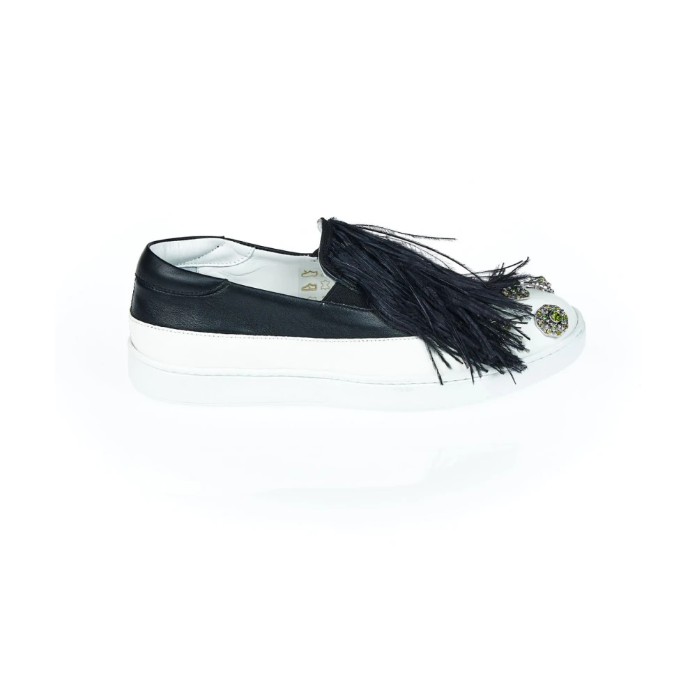 Mr&Mrs Italy Women's Black Sneakers, 2 Uk, Jewel Embellished Bicolor Slip-On Shoes