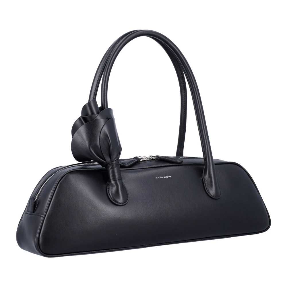 Magda Butrym Zwarte leren trapeze handtas met bloemversiering Black Dames
