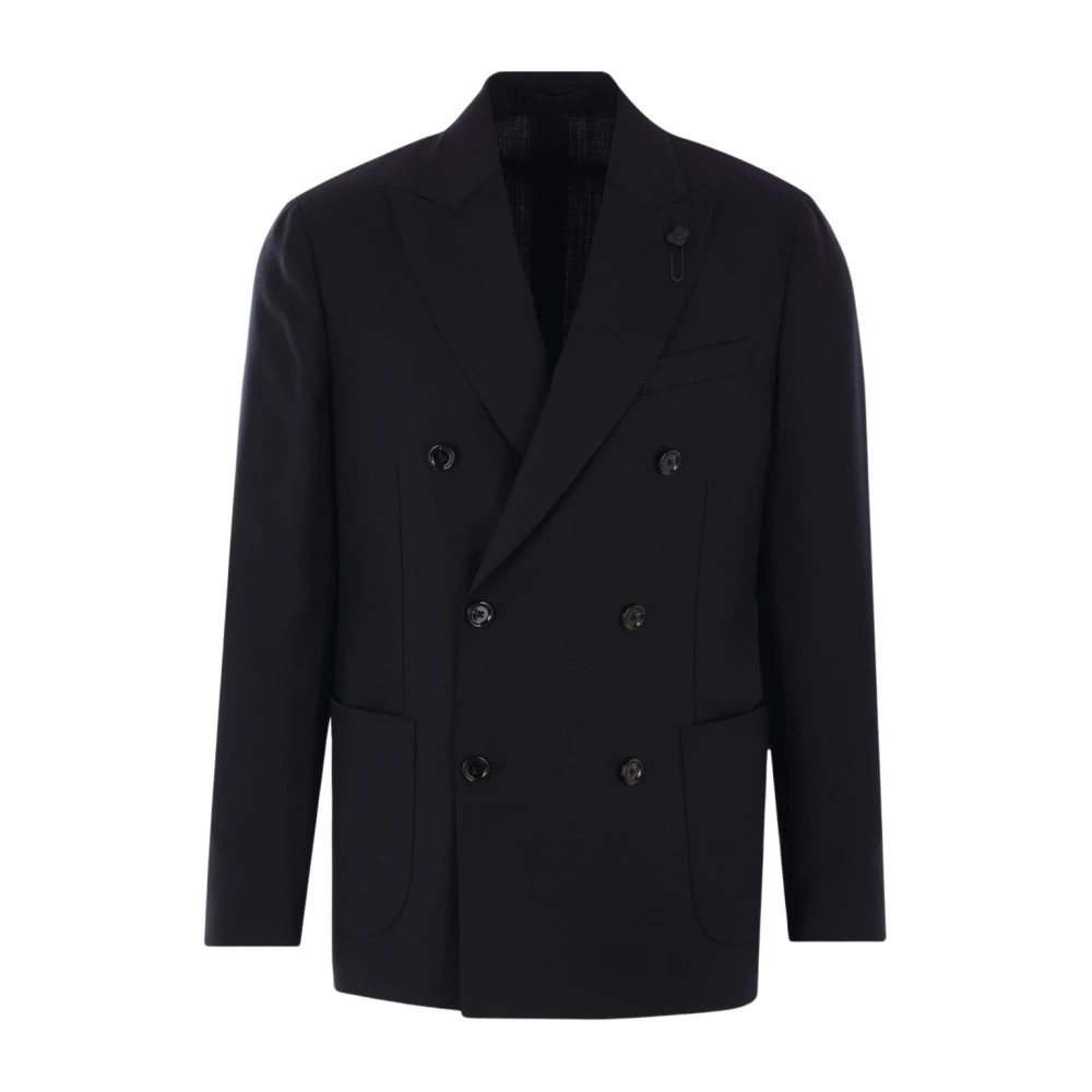 Lardini Blauwe dubbelrijige wollen jas Blue Heren
