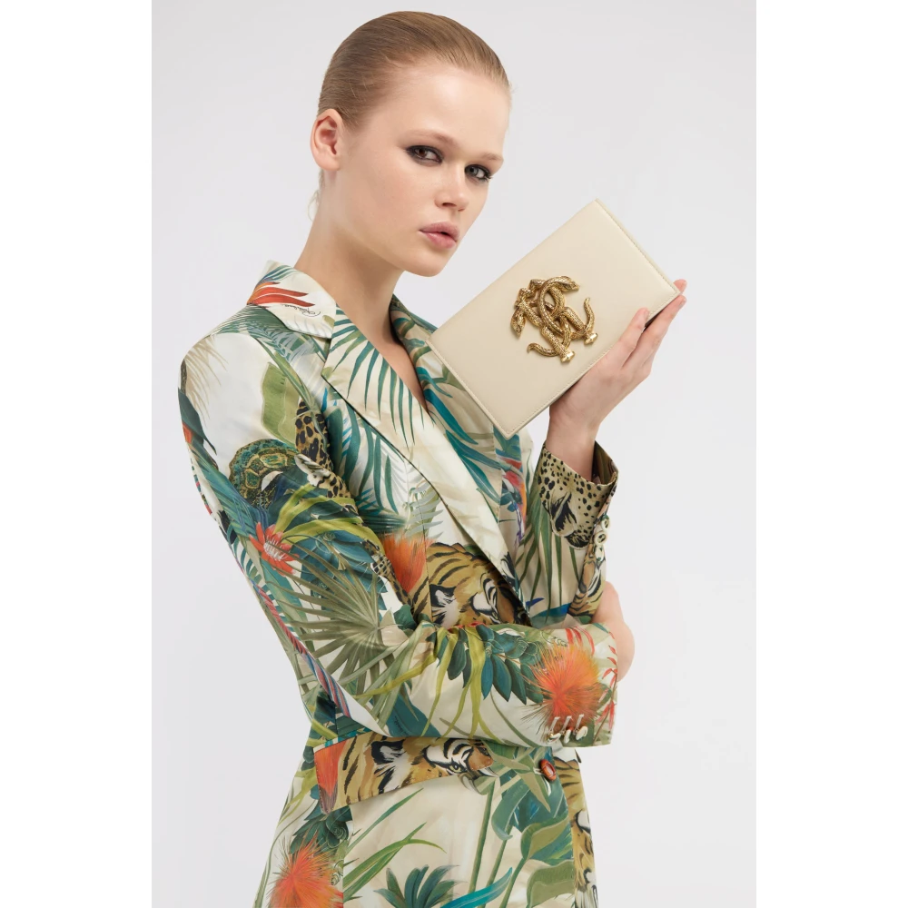 Roberto Cavalli Monogram Mirror Snake Leren Schoudertas Beige Dames