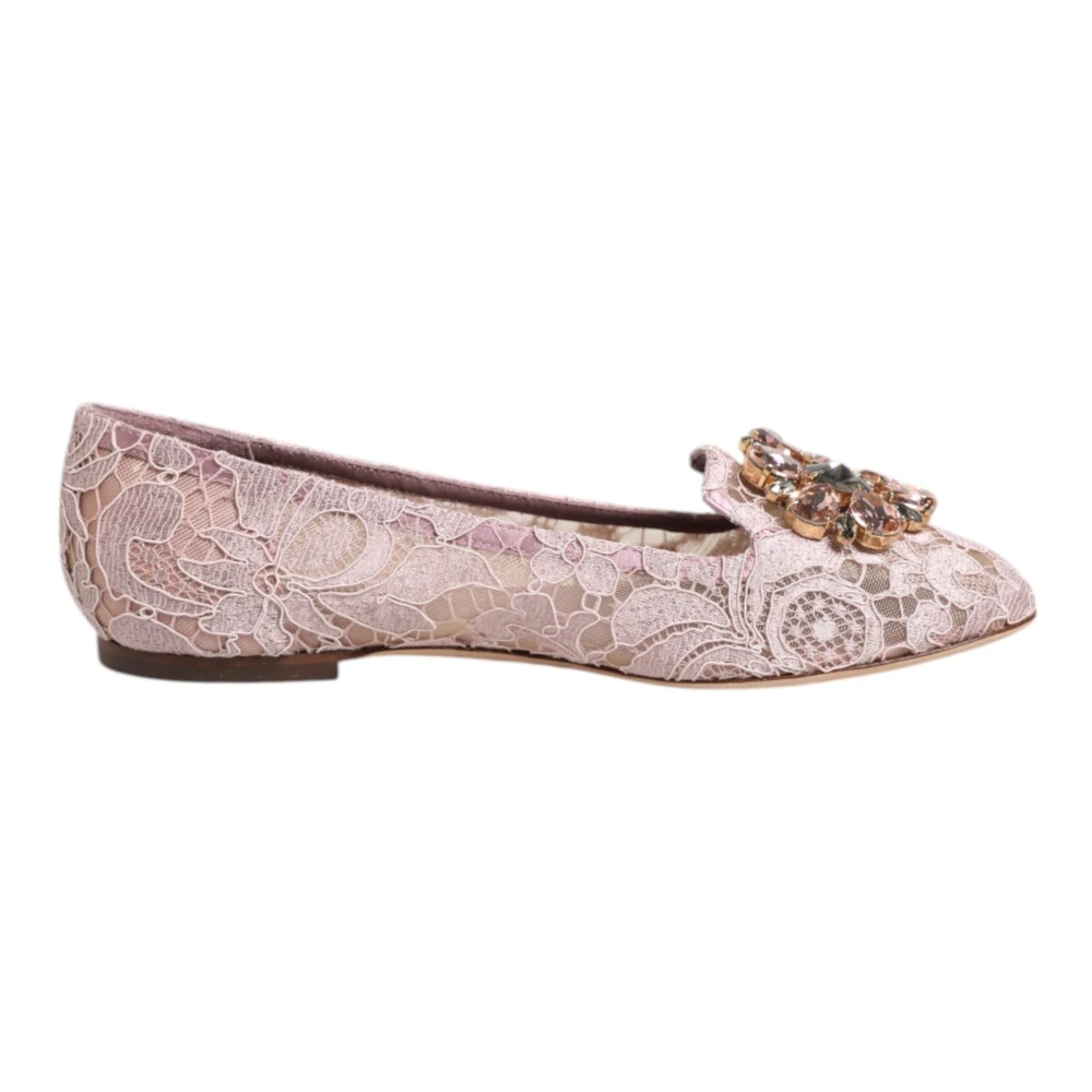 Dolce & Gabbana Women's Pink Lace Crystal Flats Shoes