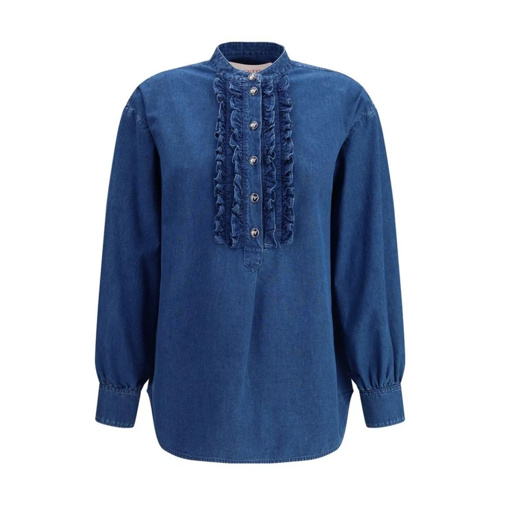 Valentino Ruffle Denim Shirt met Decoratieve Knopen Blue Dames