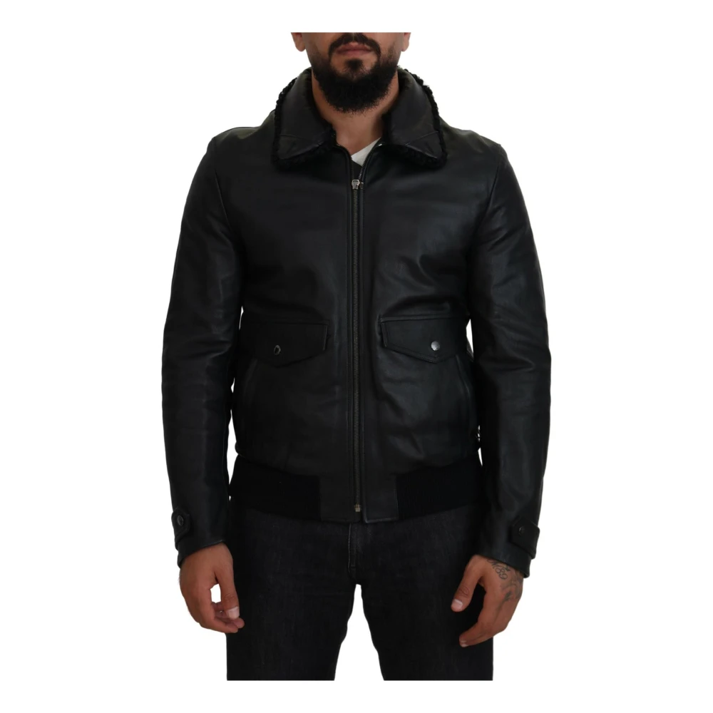 Dolce & Gabbana Black Lamb Leather Collared Men Coat Jacket - IT52 | L - Image 2
