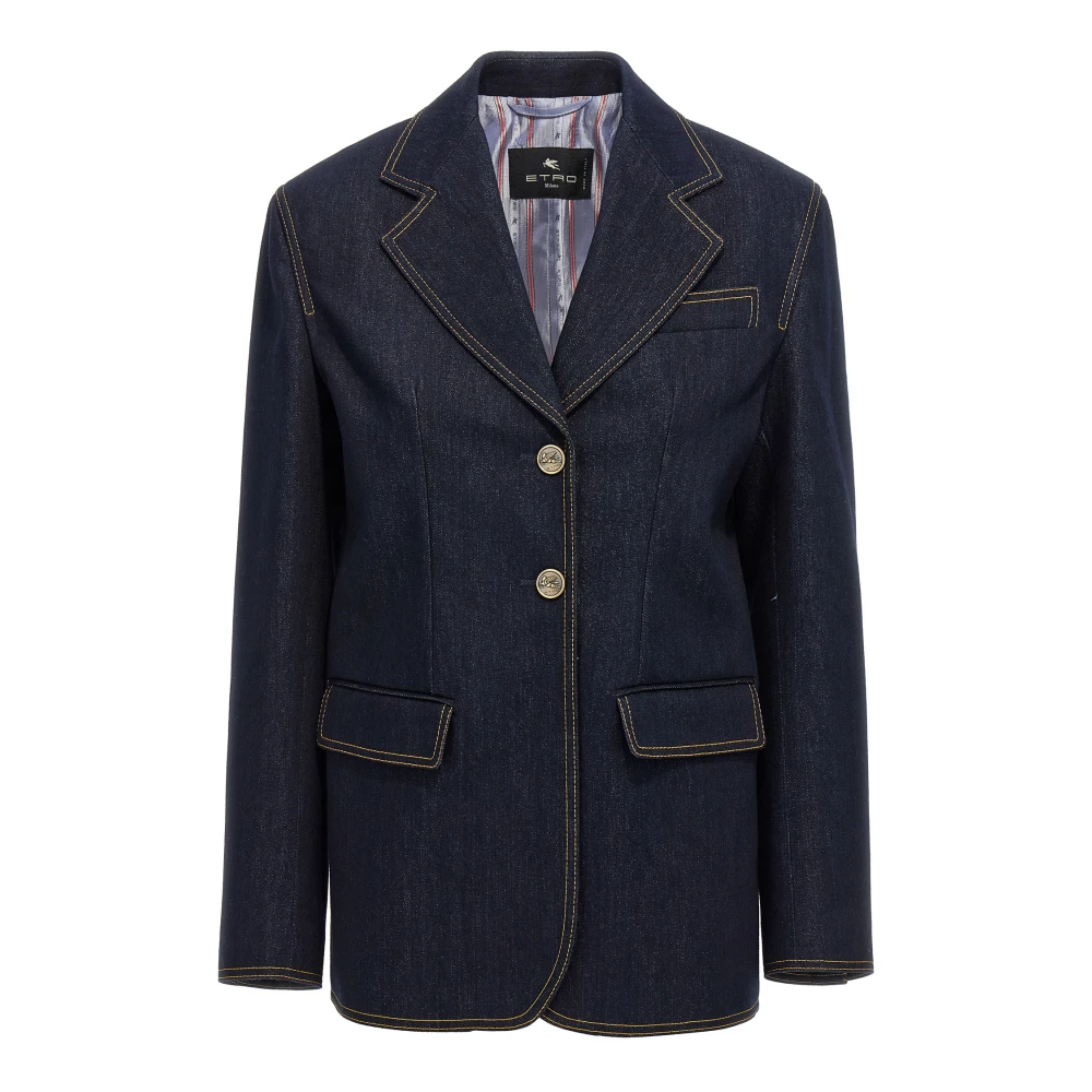 Etro Women's Blue Single-Breasted Denim Blazer - Blazers - S - Jackets