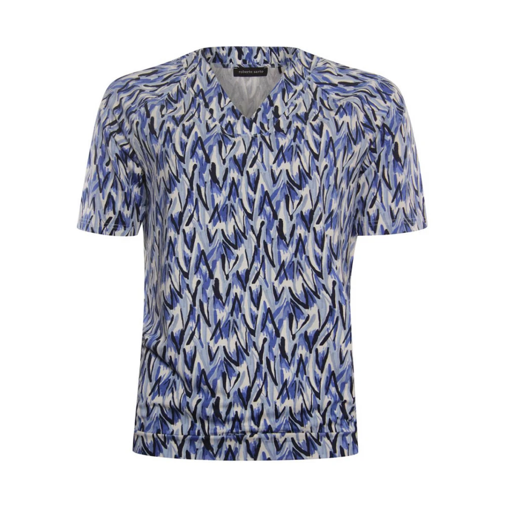 Roberto sarto shirt Blouson v-neck 411179 h1840 multicolor (o.blue-navy-offwhite v sketch) Blue Dames
