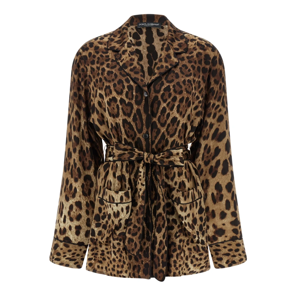 Dolce & Gabbana Damen Multicolor Pyjama-Hemd Mit Leopardenmuster Und Gürtel Aus Satin