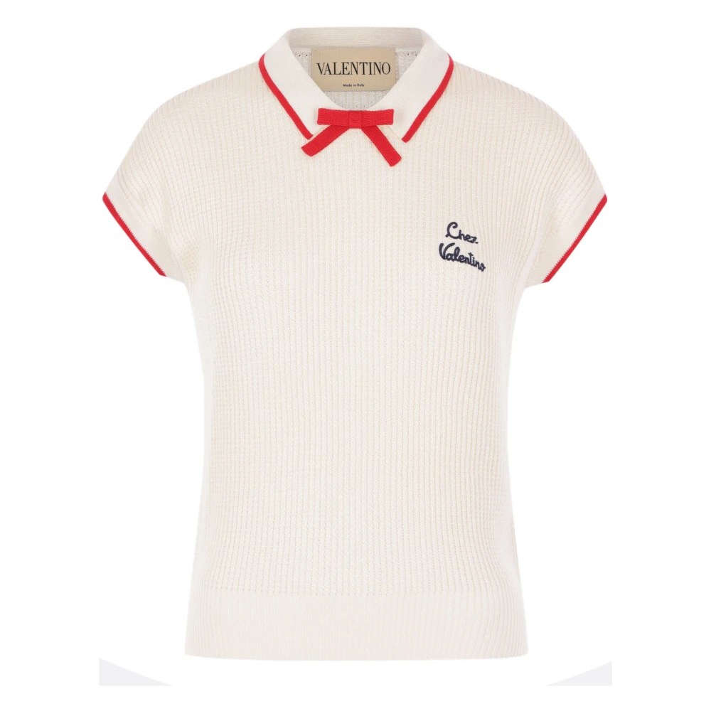 Valentino Garavani Donna Bianco Polo In Maglia Waffle Con Colletto A Fiocco